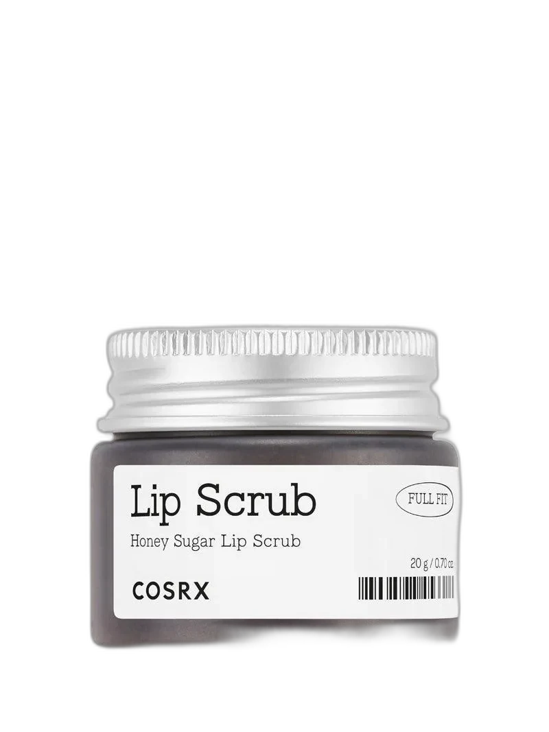 COSRX Full Fit Honey Sugar Lip Scrub in a compact jar showing the balm-like texture with