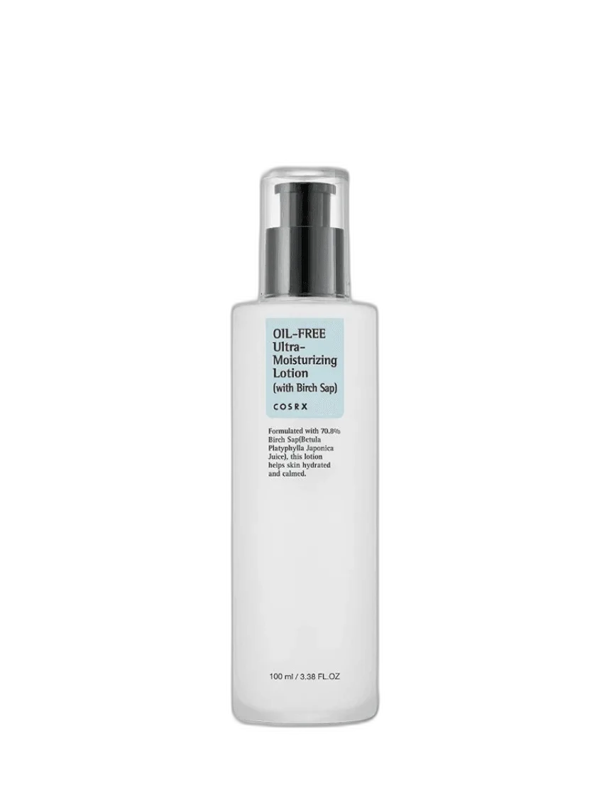 COSRX Oil-Free Ultra-Moisturizing Lotion in a white pump bottle with minimalist COSRX branding
