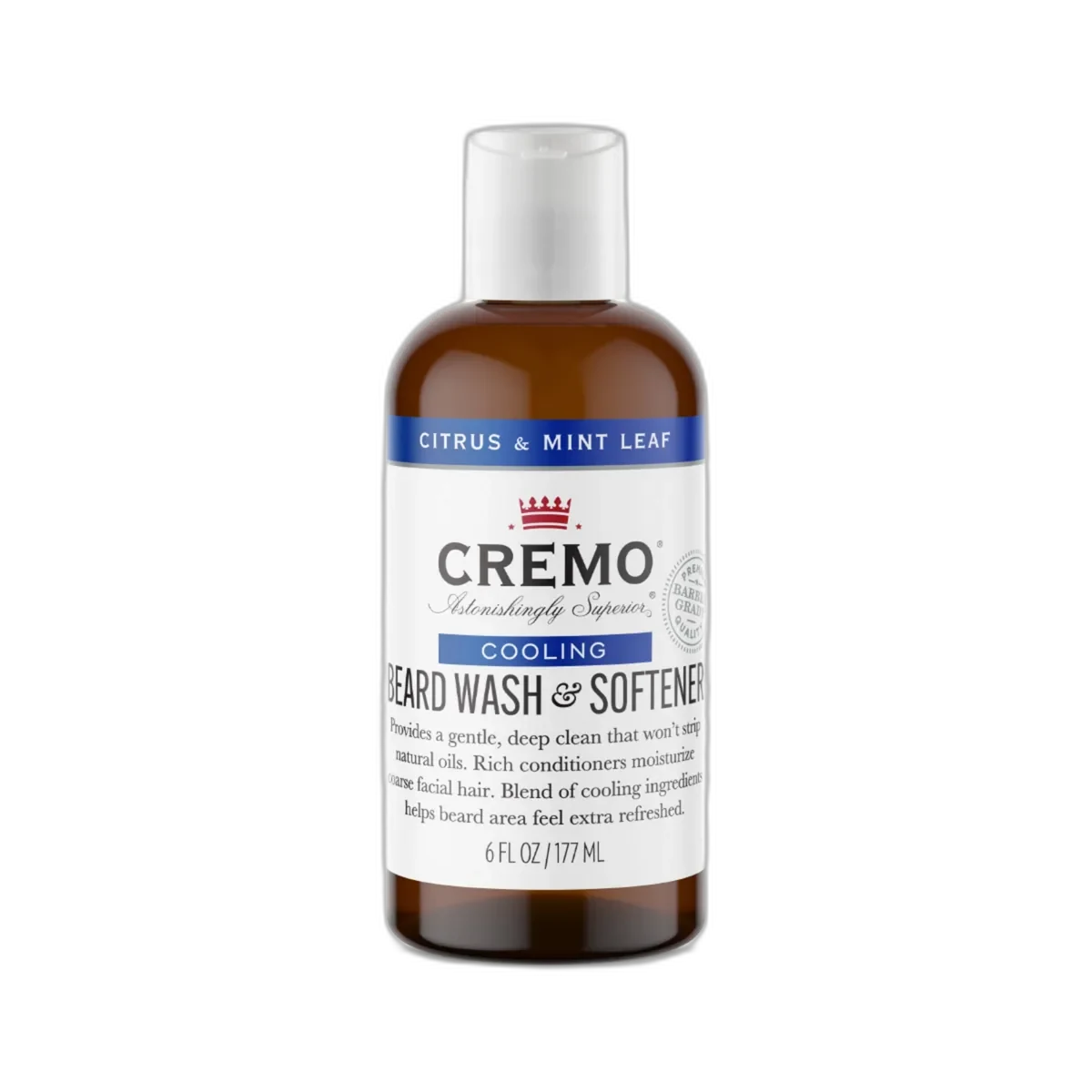 Cremo Cooling Beard & Face Wash in a dark bottle with citrus mint leaf label