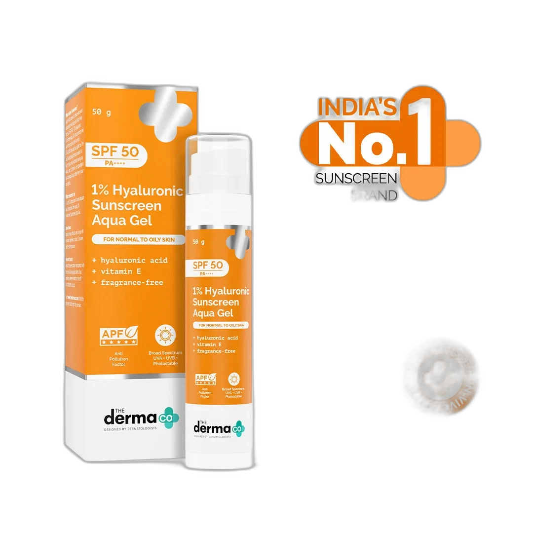 The Derma Co 1% Hyaluronic Sunscreen SPF 50 aqua gel tube