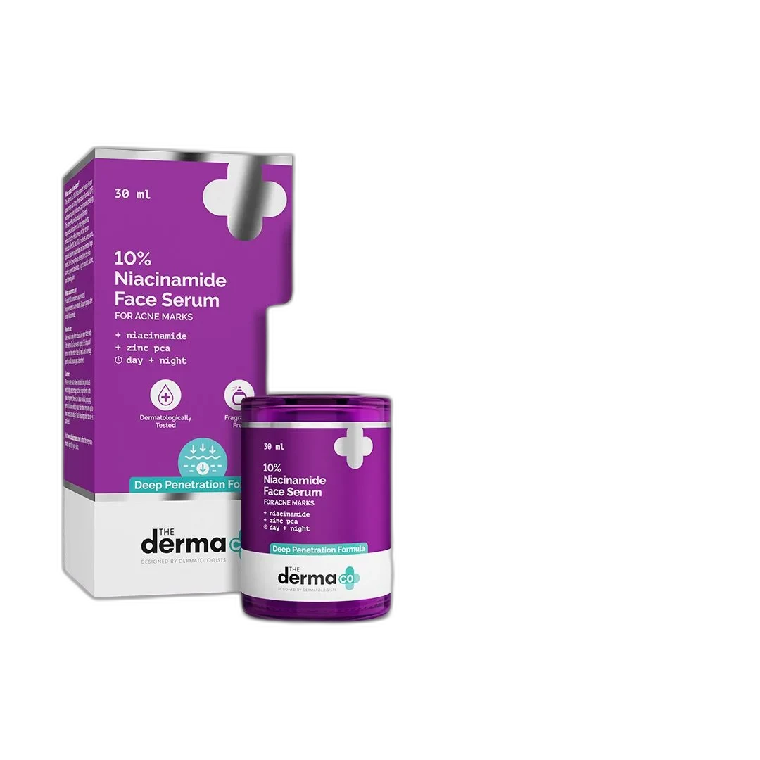 The Derma Co 10% Niacinamide Face Serum amber glass dropper bottle