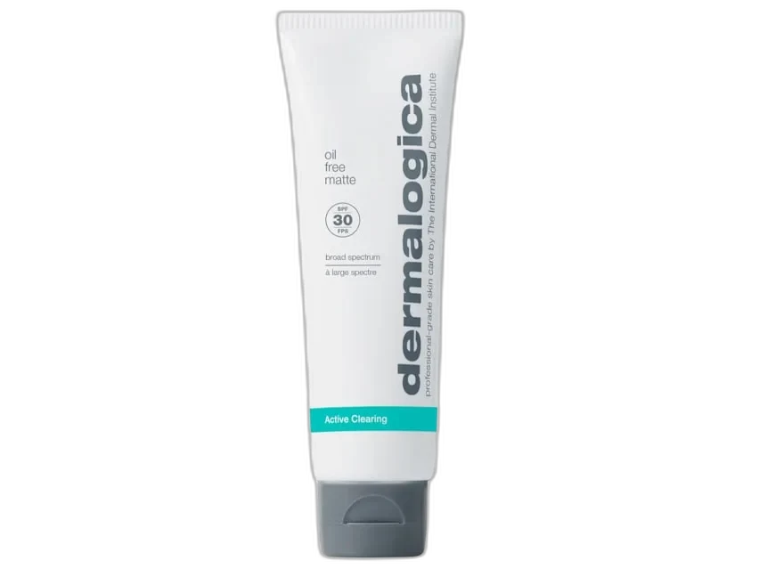 Dermalogica Oil Free Matte SPF 30 sunscreen in white squeeze tube with Active Clearing branding