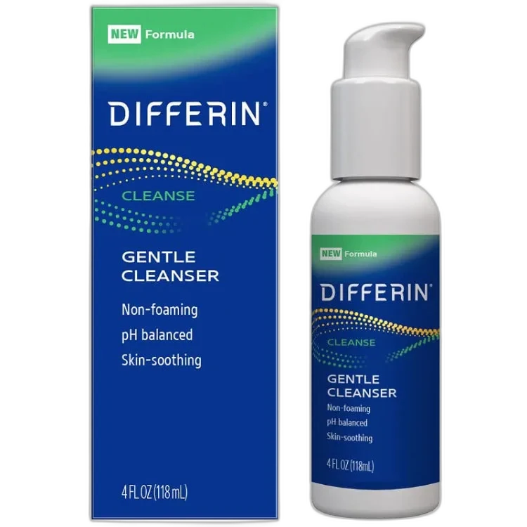 Differin Gentle Cleanser in a white squeeze tube with blue and orange Differin branding