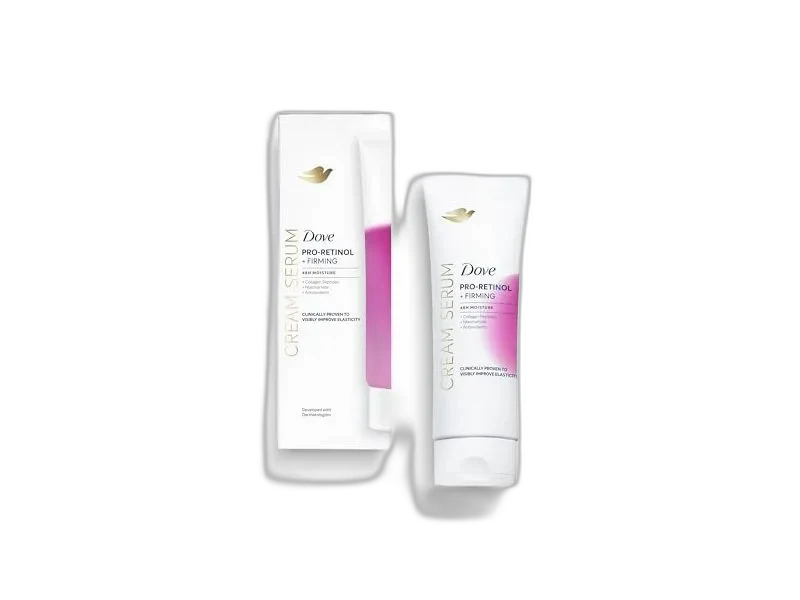 Dove Pro-Retinol + Firming Cream Serum in a pump bottle with purple and white packaging