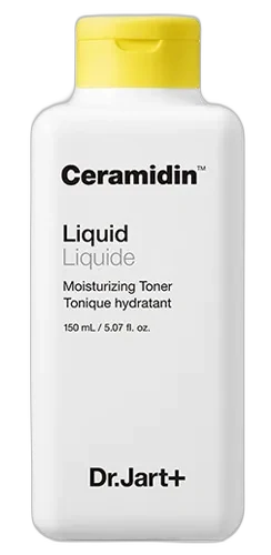 Dr. Jart+ Ceramidin Liquid in a tall clear bottle with orange liquid and white cap