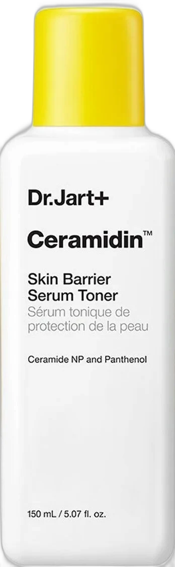 Dr. Jart+ Ceramidin Skin Barrier Serum Toner in a tall bottle with yellow branding