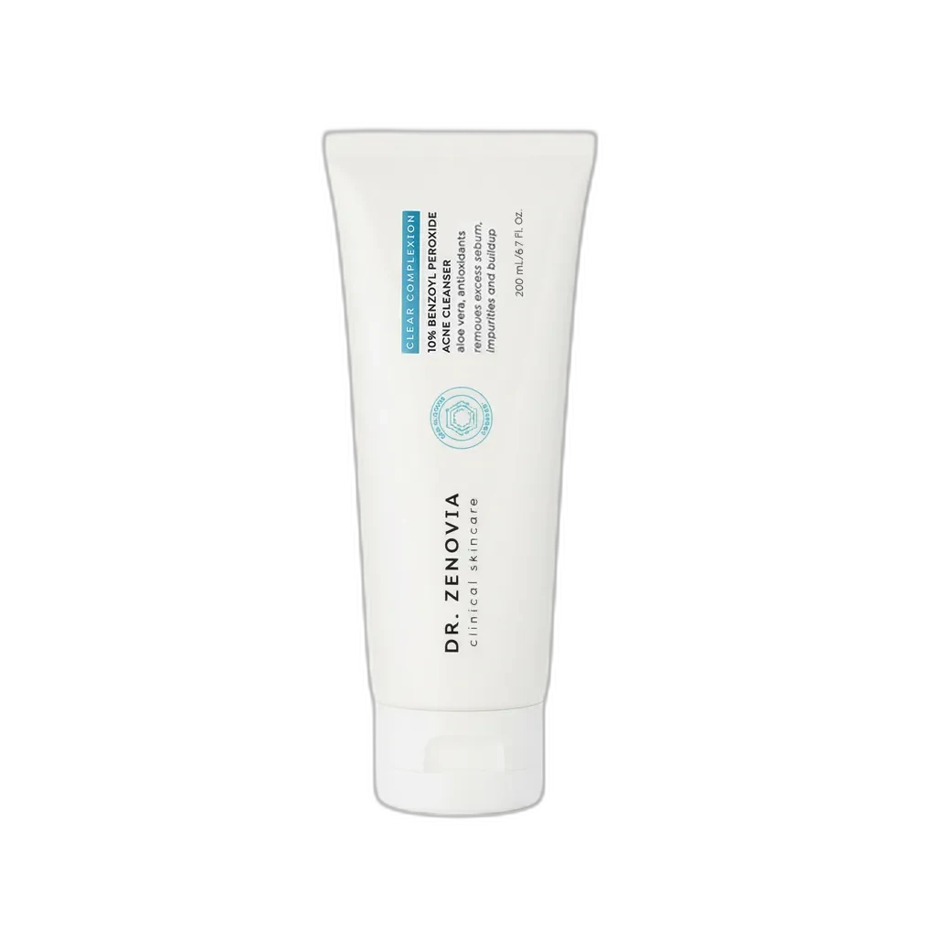 White tube of Dr. Zenovia Clear Complexion 10% Benzoyl Peroxide Acne Cleanser
