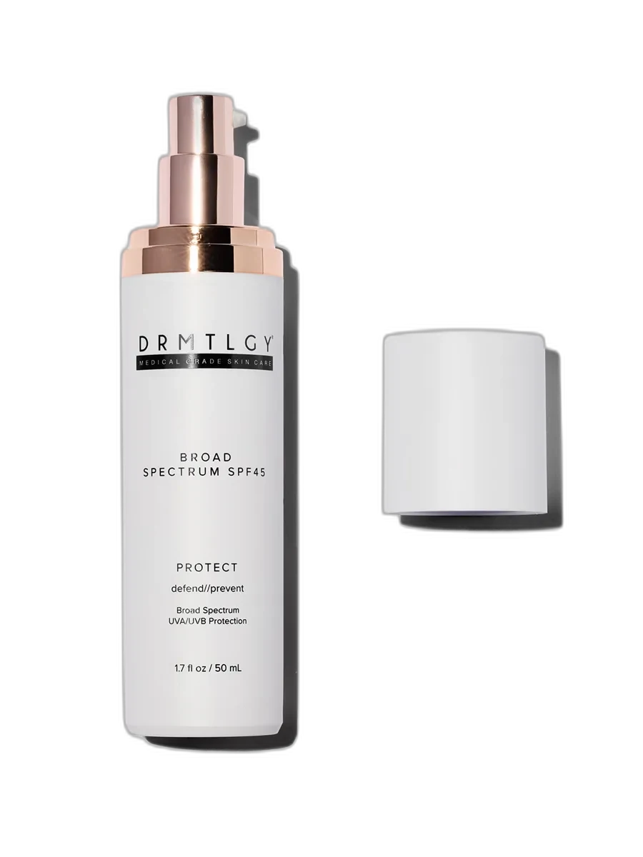 Drmtlgy Broad Spectrum SPF 45 Sunscreen 90ml pump bottle on white background