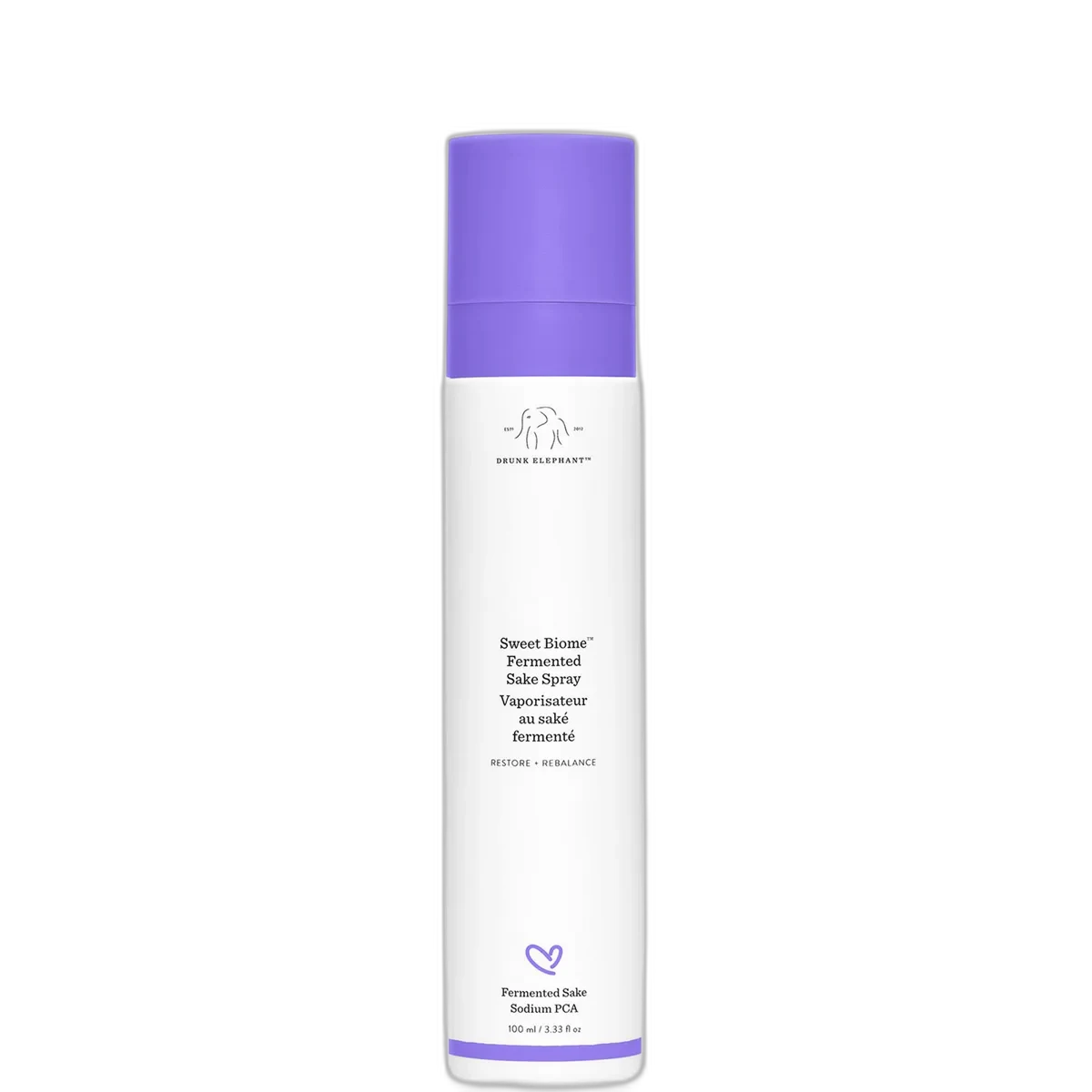 Drunk Elephant Sweet Biome Fermented Sake Spray in white and purple bottle