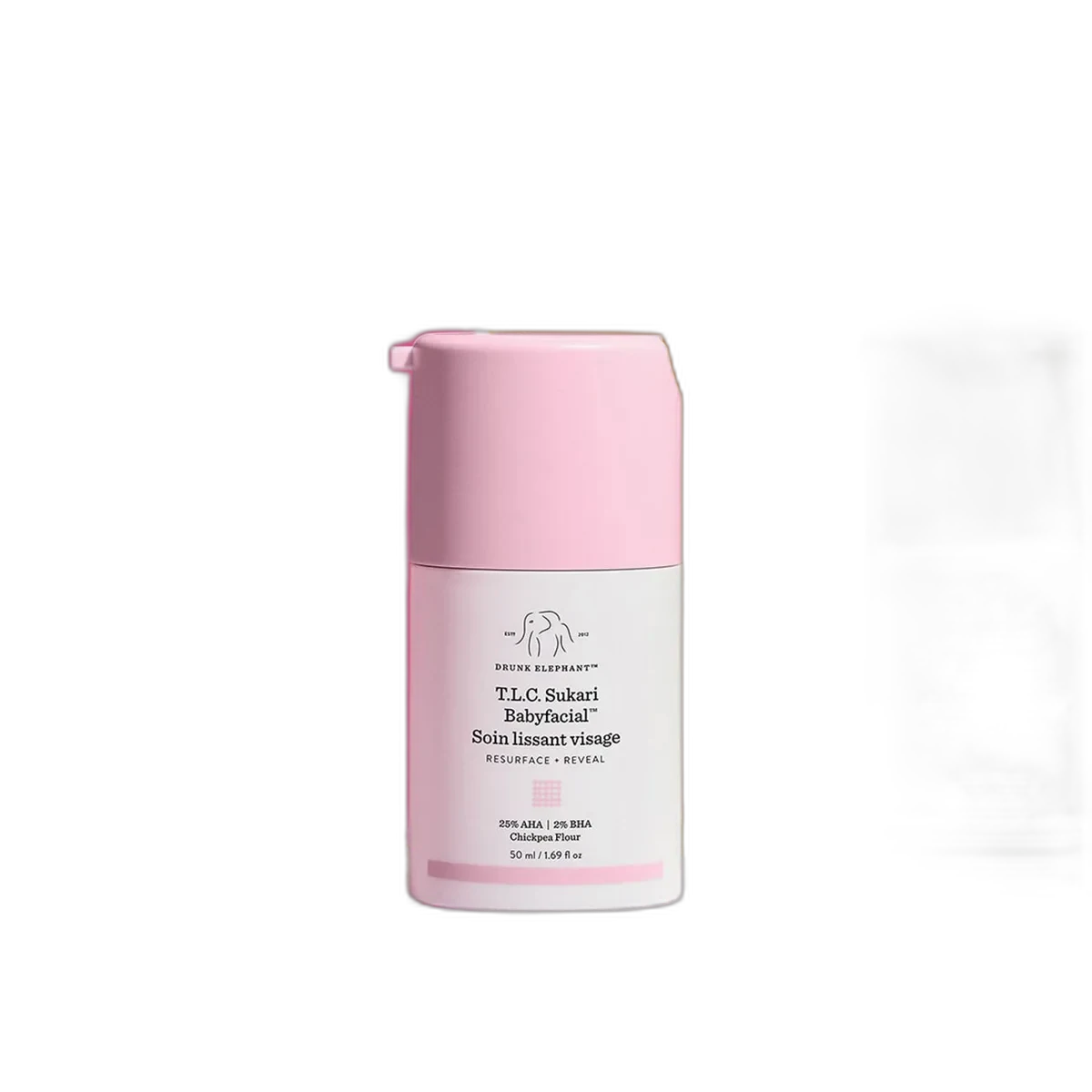 Drunk Elephant T.L.C. Sukari Babyfacial AHA BHA mask in white airless pump with pink cap
