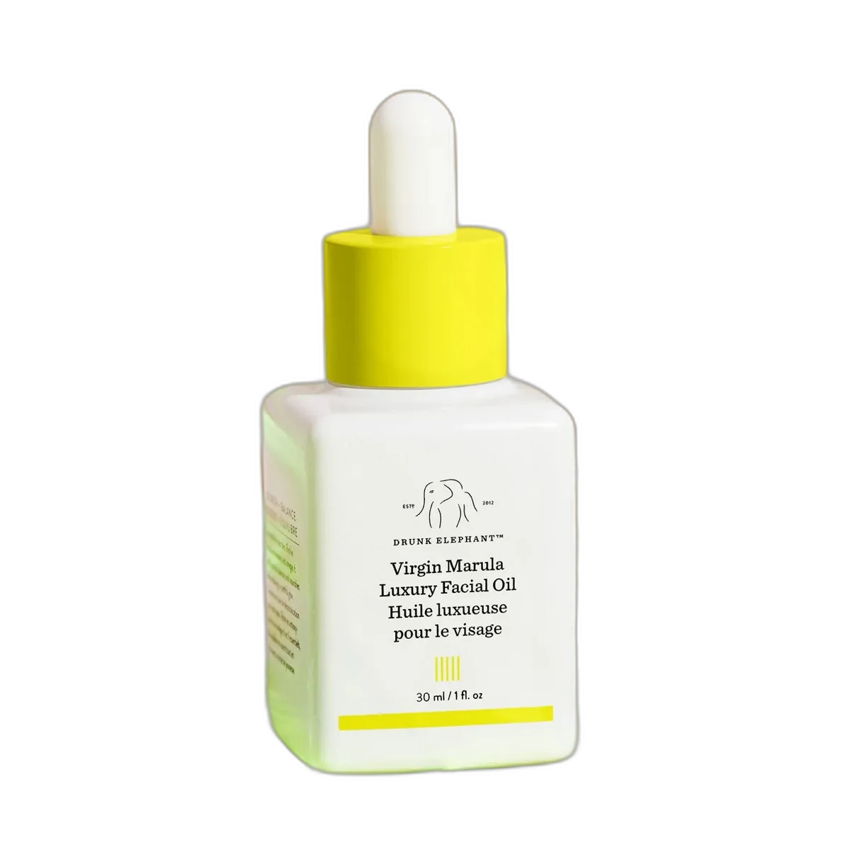 Drunk Elephant Virgin Marula Luxury Facial Oil glass bottle with dropper