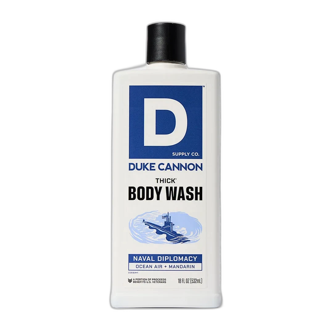 Duke Cannon Thick High-Viscosity Body Wash Naval Diplomacy dark blue bottle with bold typography