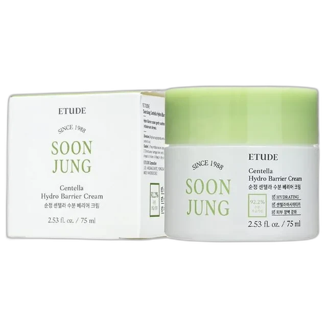 Etude Soon Jung Centella Hydro Barrier Cream tube with minimalist white and blue-green design