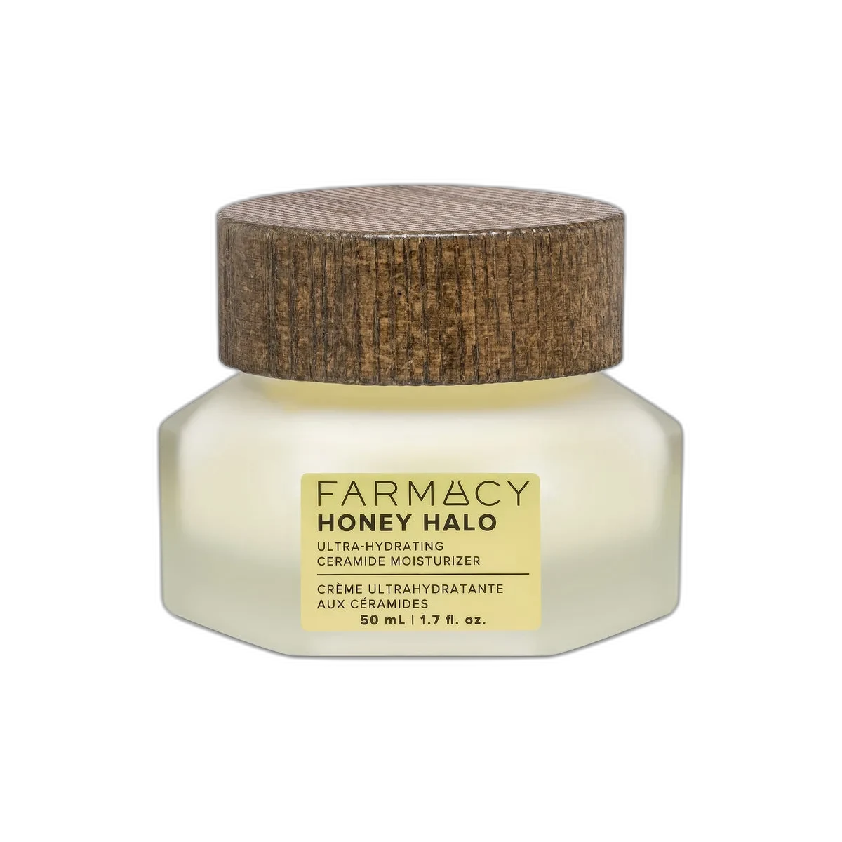Farmacy Honey Halo Ceramide Face Moisturizer in a hexagonal frosted glass jar with golden lid