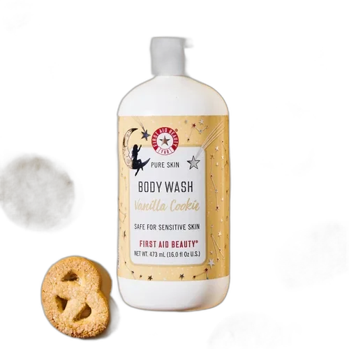 First Aid Beauty Pure Skin Foaming Body Wash bottle with holiday-themed packaging
