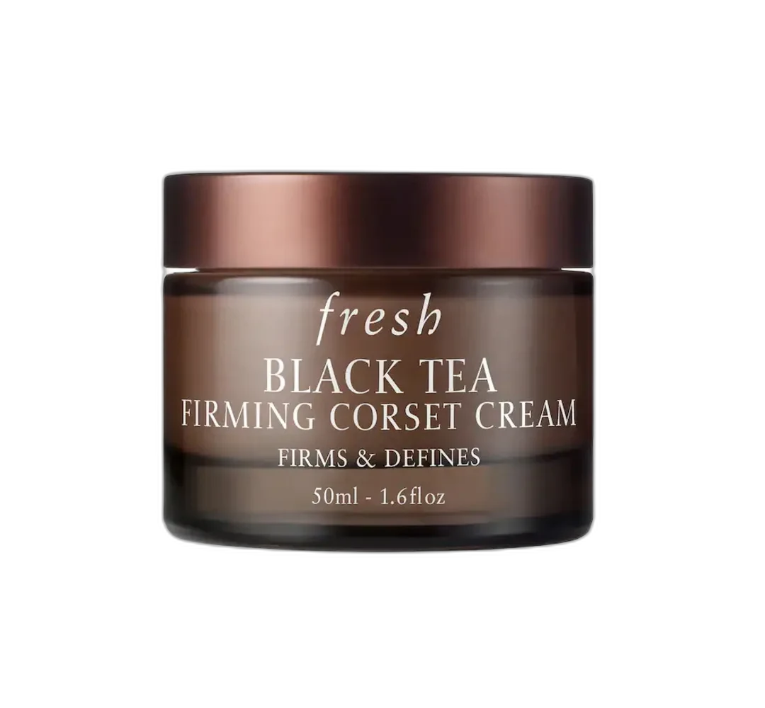 Fresh Black Tea Firming Corset Cream in a dark brown glass jar with gold branding