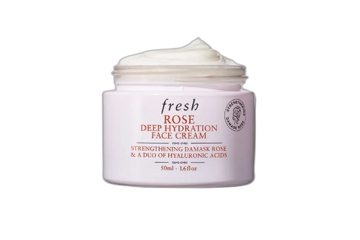 Fresh Rose & Hyaluronic Acid Deep Hydration Moisturizer in a pink glass jar with silver lid