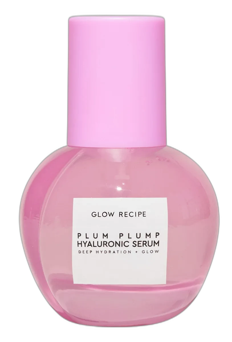 Glow Recipe Plum Plump Hyaluronic Acid Serum in soft pink glass bottle with pump