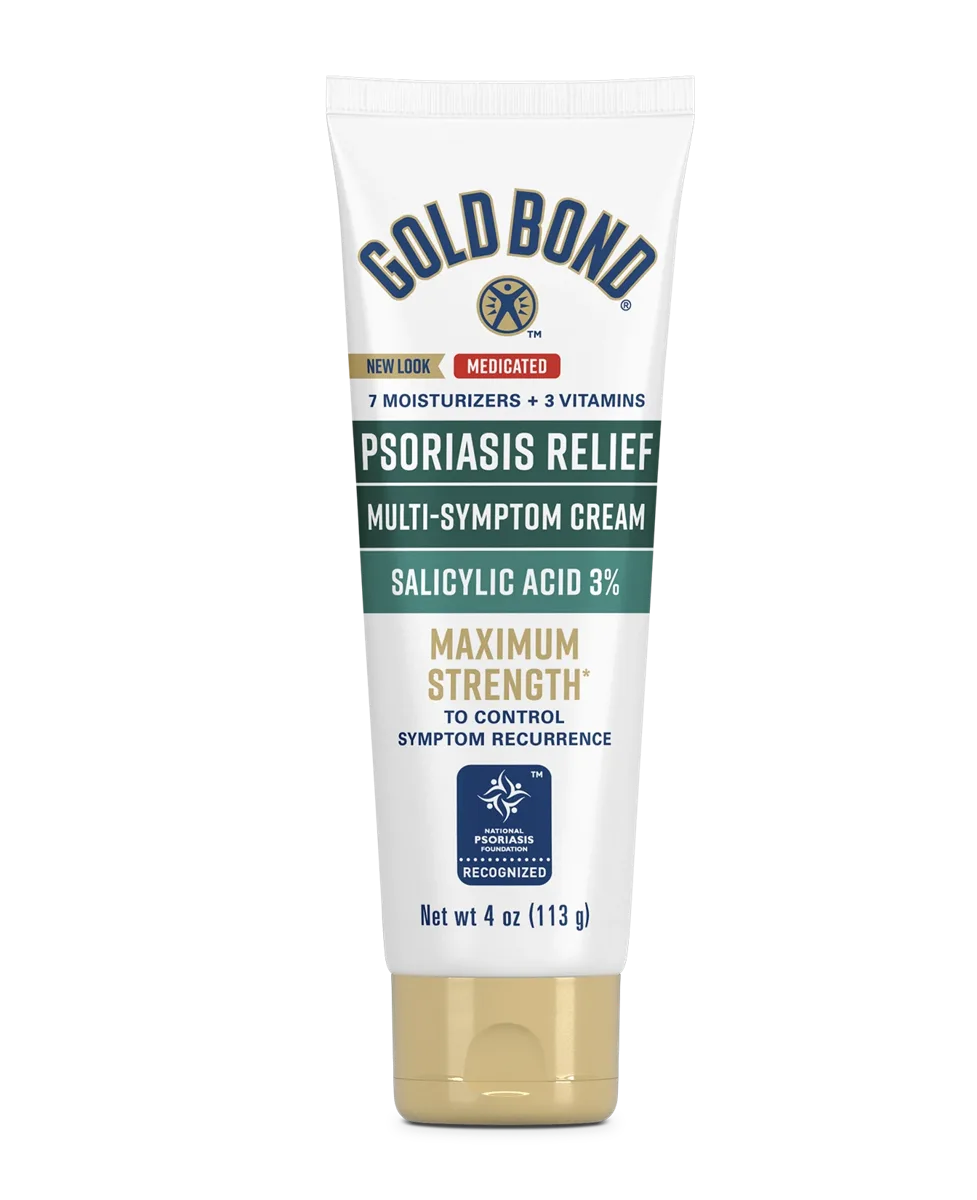 Gold Bond Psoriasis Relief Cream 4 oz tube with purple and white branding and NPF recognition seal