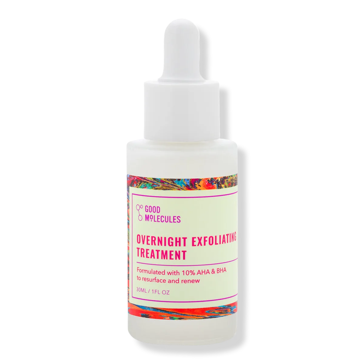 Good Molecules Overnight Exfoliating Treatment in a frosted glass dropper bottle with white label