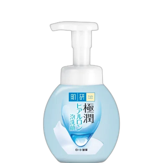 Hada Labo Gokujyun Foaming Face Wash in a white pump bottle with blue and red branding