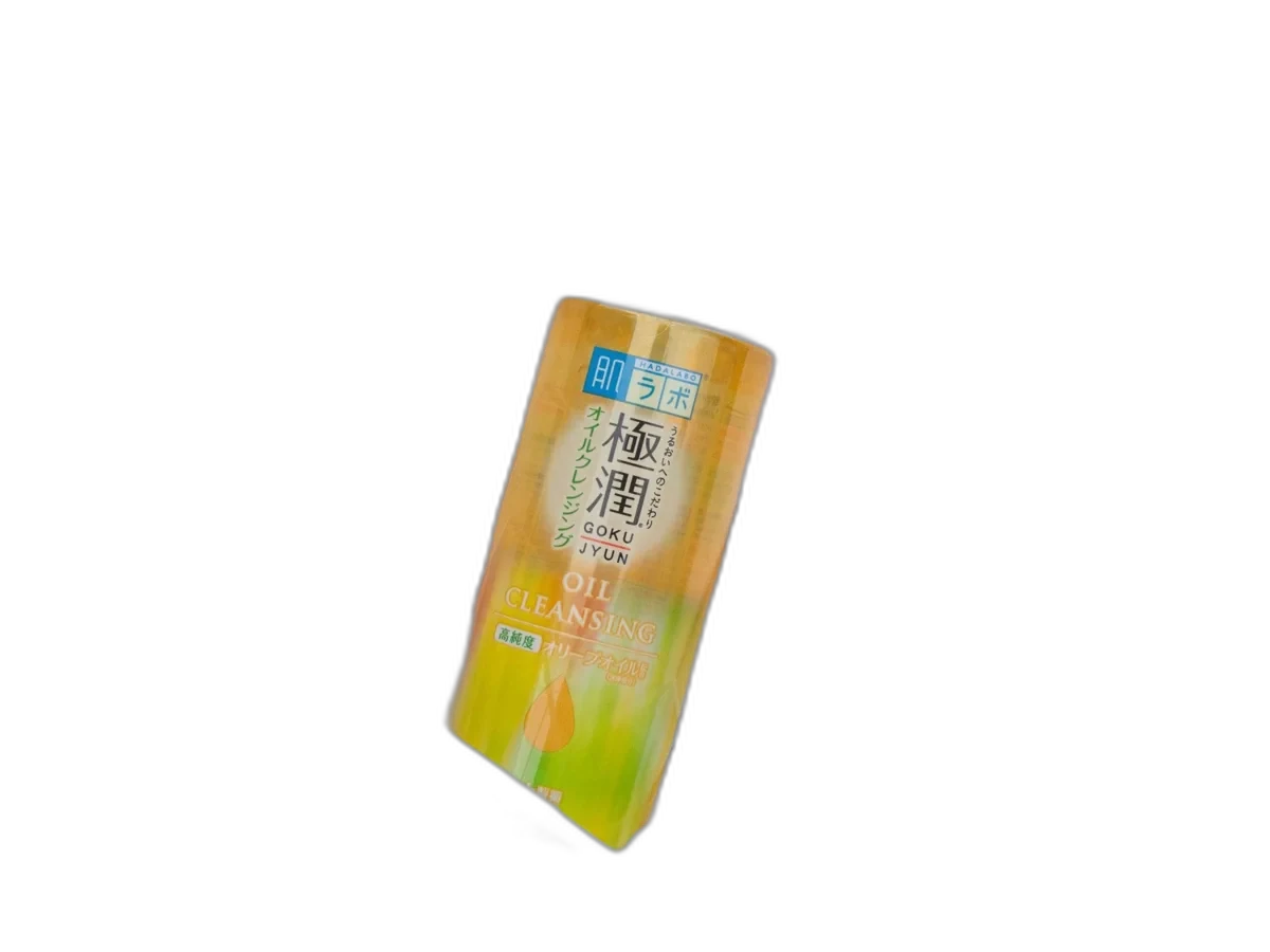 Hada Labo Gokujyun Oil Cleansing in a clear bottle with pump dispenser and orange-accented label