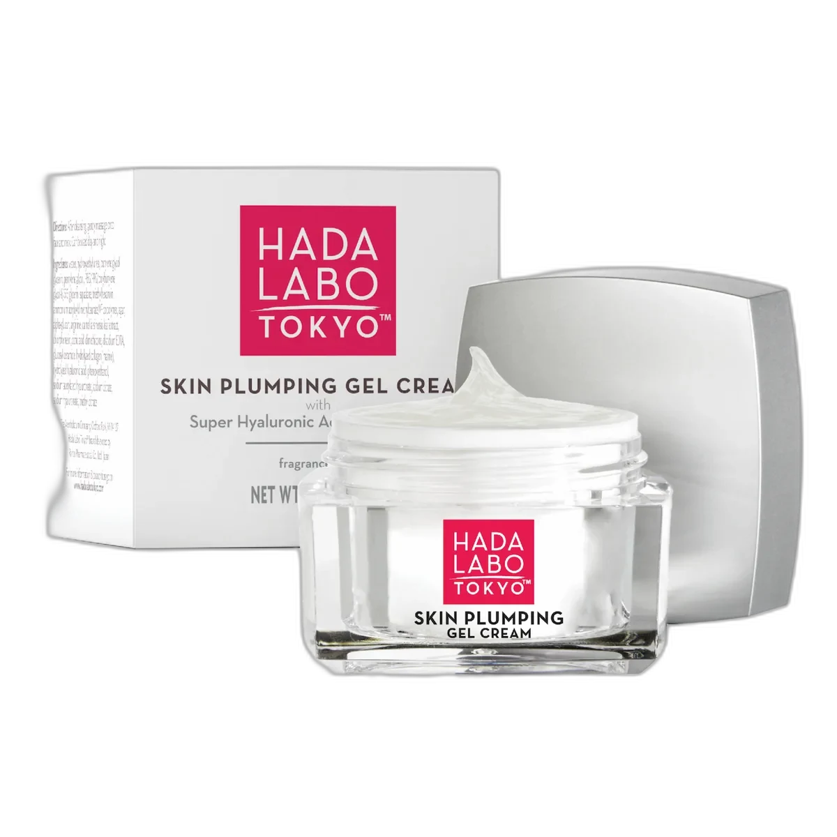 Hada Labo Skin Plumping Gel Cream jar with translucent gel-cream moisturizer featuring triple