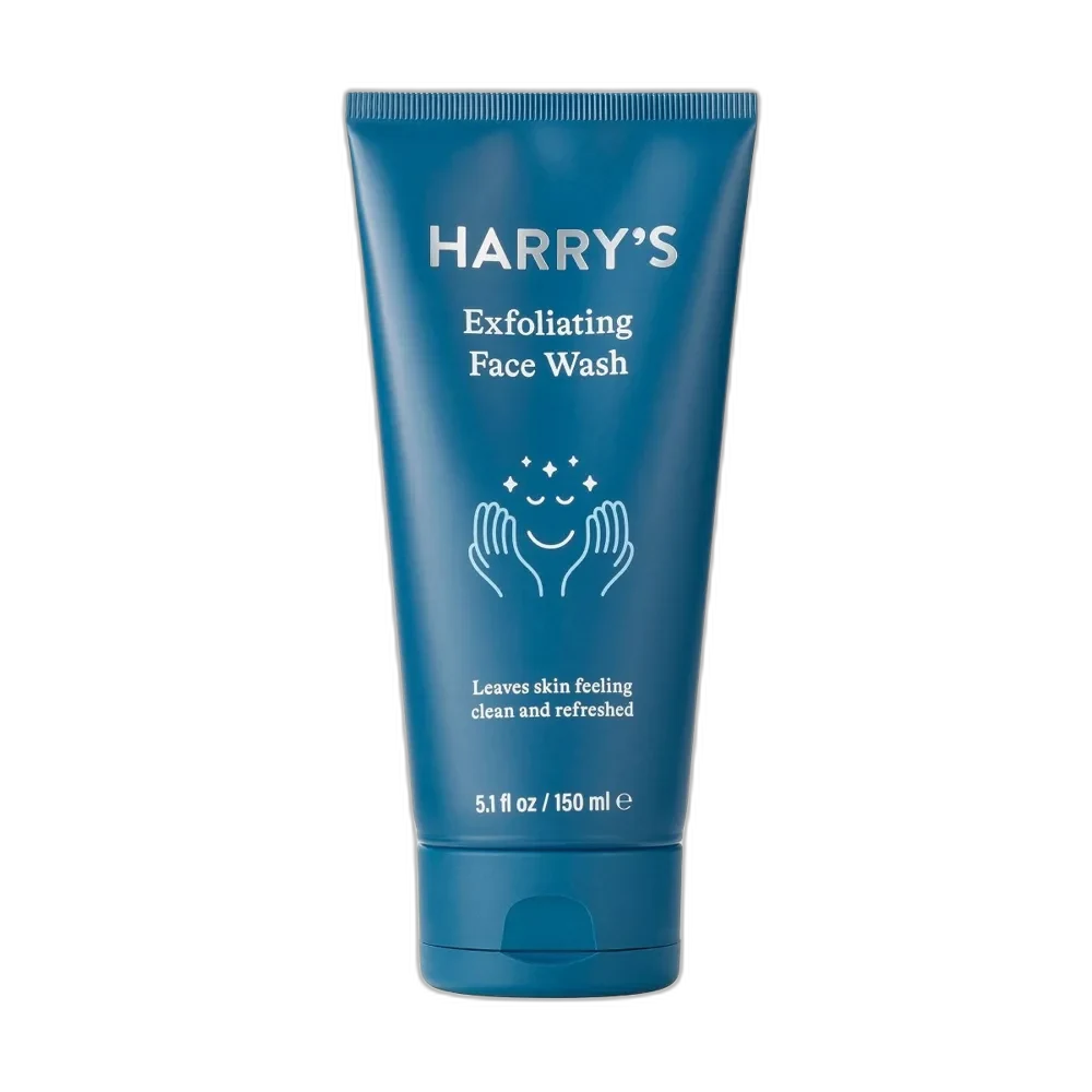 Harry's Face Wash tube with men's daily facial cleanser featuring peppermint