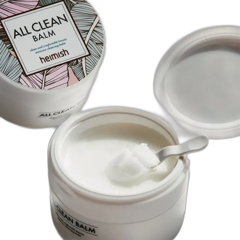 Heimish All Clean Balm in white jar with soft pink accents and included spatula