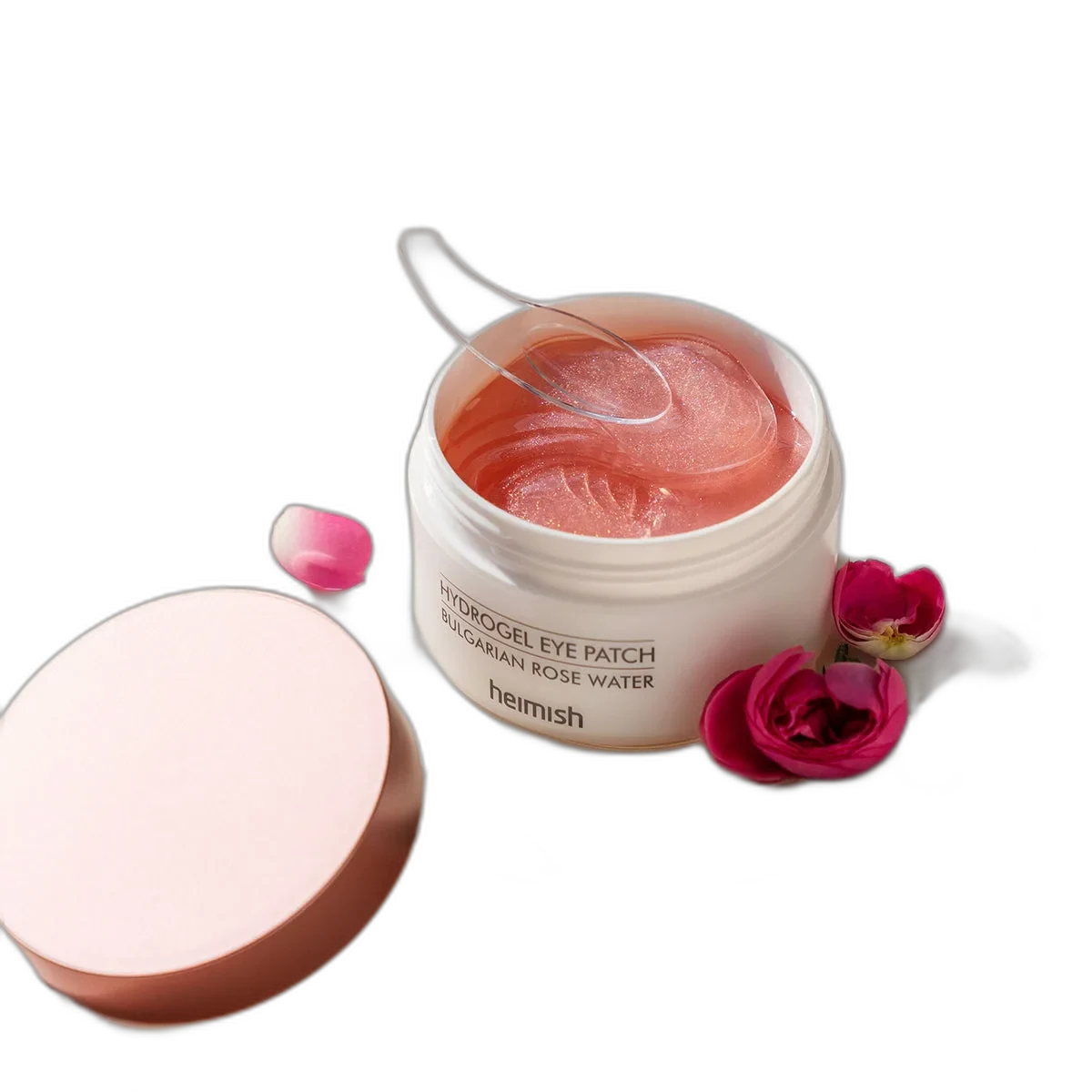 Heimish Bulgarian Rose Water Hydrogel Eye Patch jar with pink hydrogel patches and included spatula
