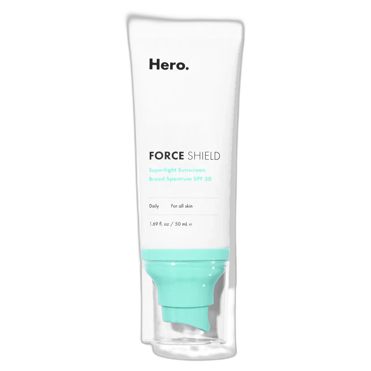 Hero Cosmetics Force Shield Superlight Sunscreen SPF 30 in a white squeeze tube with green and