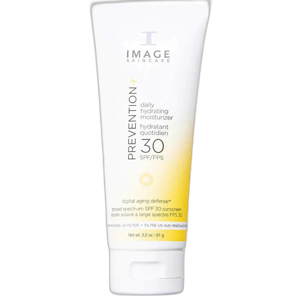 Image Skincare PREVENTION+ Daily Hydrating Moisturizer SPF 30 in a white tube with yellow