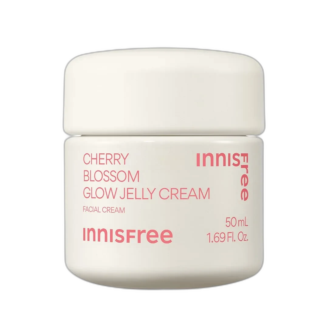 Innisfree Dewy Glow Moisturizer with Jeju Cherry Blossom in a translucent jar with pink lid