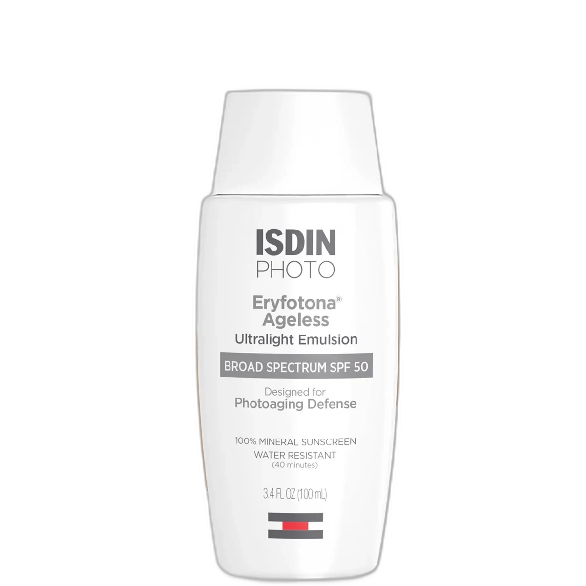ISDIN Eryfotona Ageless Ultralight Tinted Mineral Sunscreen SPF 50 in a yellow-gold squeeze tube
