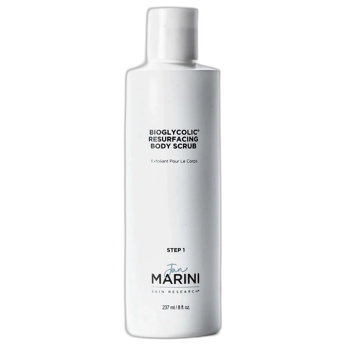 Jan Marini Bioglycolic Resurfacing Body Scrub in an 8 oz white bottle