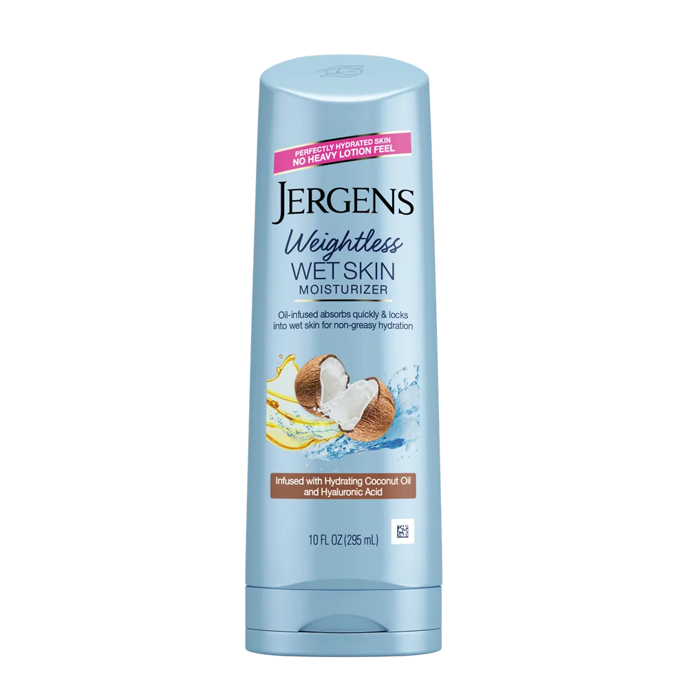Jergens Wet Skin Moisturizer with Coconut Oil in clear squeeze bottle with blue and white label