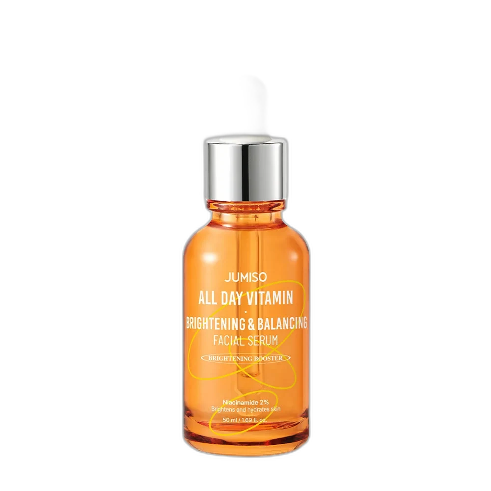 Jumiso All Day Vitamin Brightening & Balancing Facial Serum in a frosted glass dropper bottle