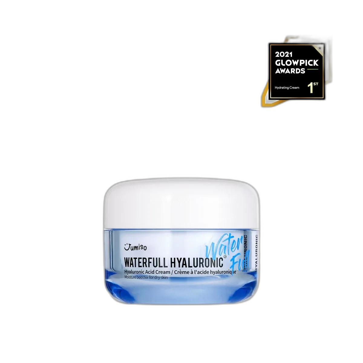 Jumiso Waterfull Hyaluronic Cream in a white jar showing the light blue gel-cream texture