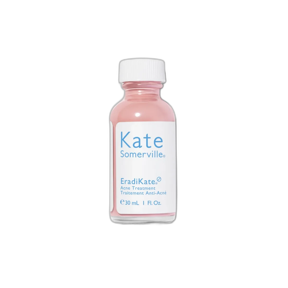 Kate Somerville EradiKate Acne Treatment glass bottle with pink sulfur sediment settled at the