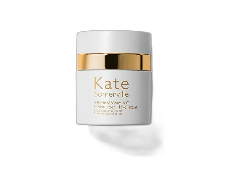 Kate Somerville +Retinol Vitamin C Moisturizer in a dark jar with gold accents