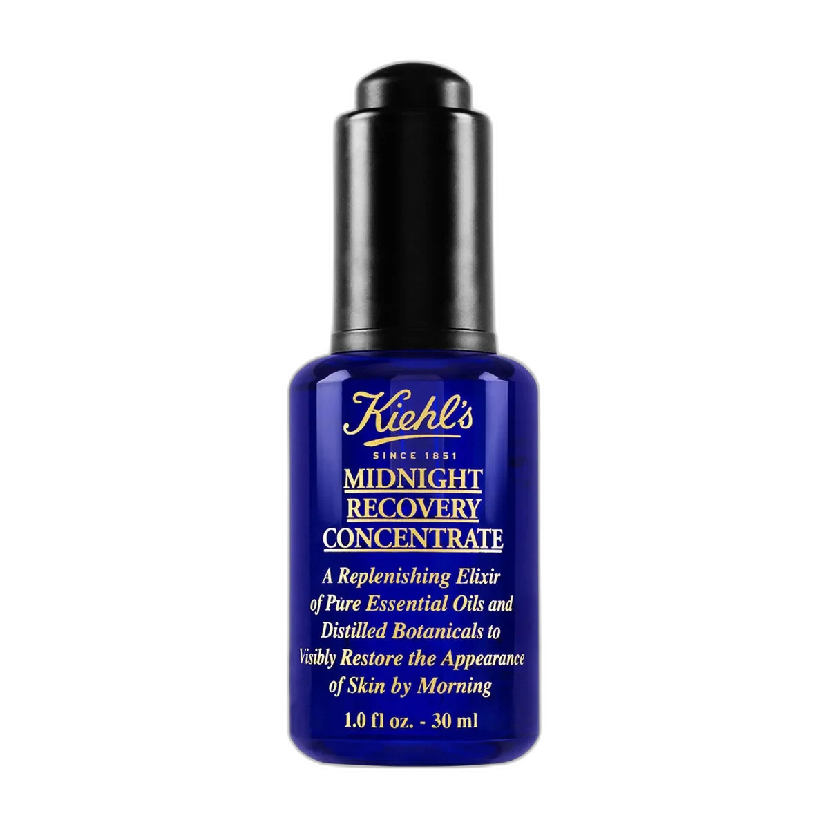 Kiehl's Midnight Recovery Concentrate in iconic cobalt blue glass dropper bottle
