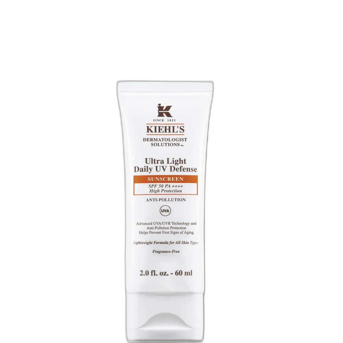 Kiehl's Ultra Light Daily UV Defense SPF 50 sunscreen in a white tube with the brand's