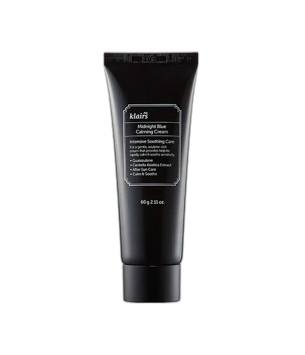 Klairs Midnight Blue Calming Cream showing the distinctive blue cream in packaging