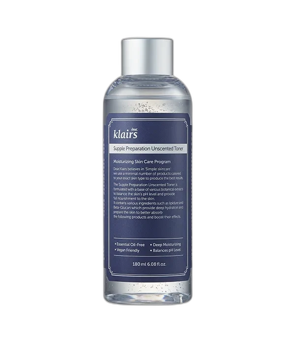 Klairs Supple Preparation Unscented Toner in a tall translucent bottle with minimalist white
