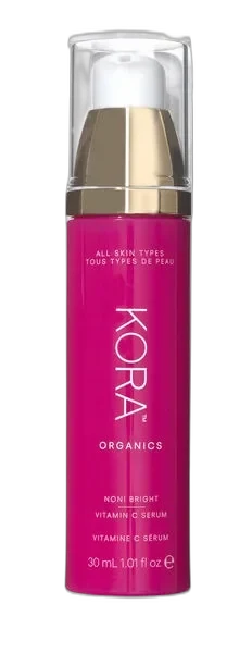Kora Organics Noni Bright Vitamin C Serum in a frosted glass dropper bottle