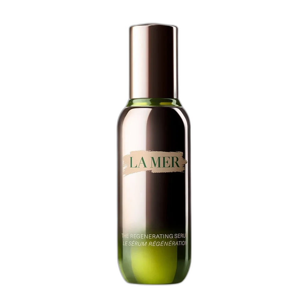 La Mer The Regenerating Serum in a glass pump bottle with silver and white branding