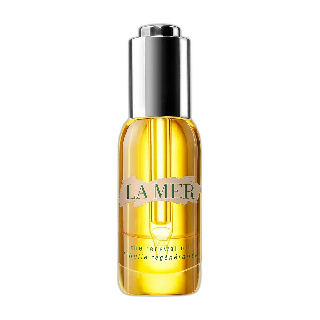 La Mer The Renewal Oil in a glass dropper bottle with golden-hued oil visible