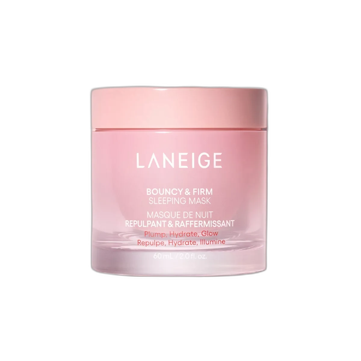 Laneige Bouncy & Firm Sleeping Mask in a pale pink jar with signature Laneige branding