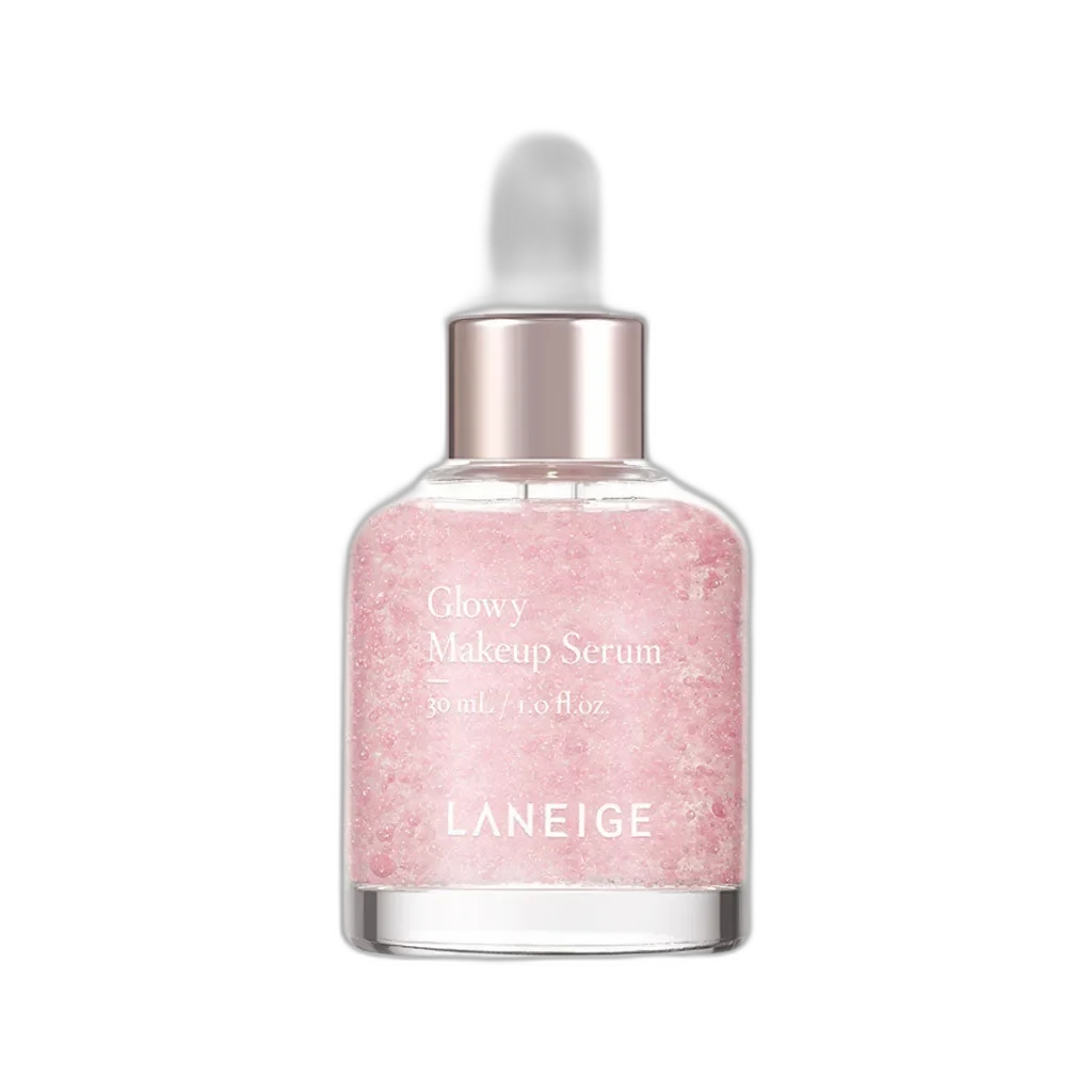 Laneige Glowy Makeup Serum in a pink glass bottle with dropper applicator