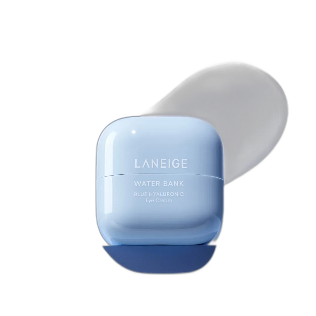 Laneige Water Bank Blue Hyaluronic Eye Cream in a small blue cube jar